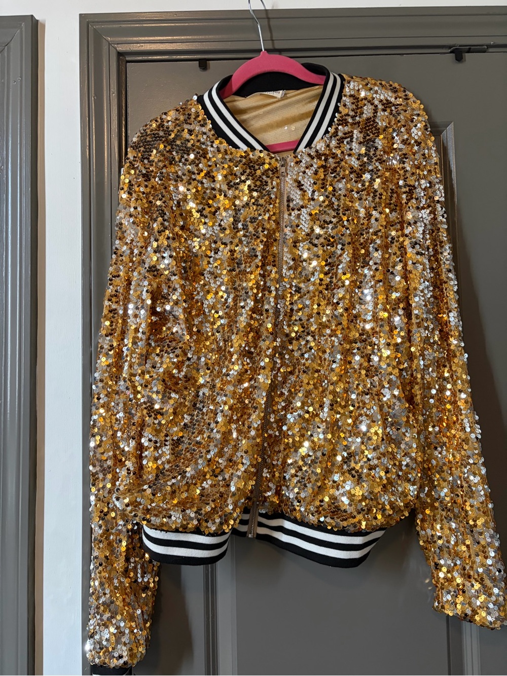 Women's Gold Sequin Bomber Jacket - Saints! Mardi Gras!